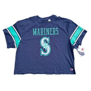MLB Seattle Mariners Women's Champion Sequin Print T-Shirt team logo crop NWT XL